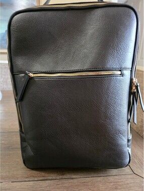 Black Faux Leather Kate and Alex Buffalo Laptop Backpack with Gold Zipper Detail